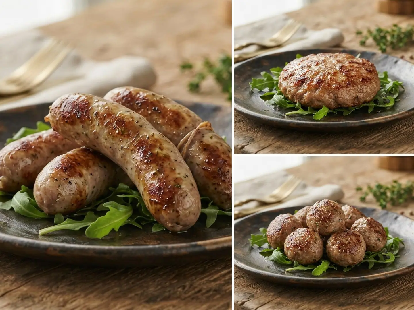 Cooked rabbit sausages, a burger patty and meatballs, the three items in the Space Combo