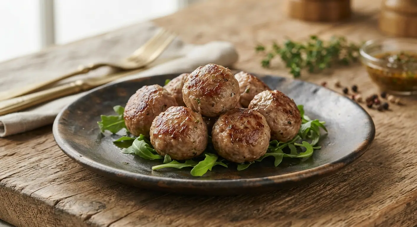 Cooked Rabbit Space Africa meatballs served on a plate with rocket
