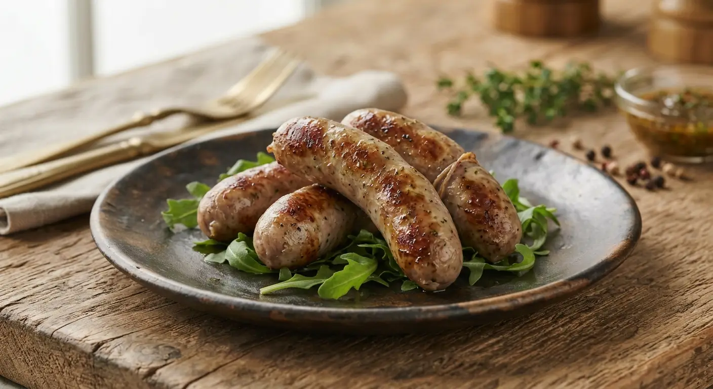 Rabbit Space Africa sausages, browned and served on a plate with rocket